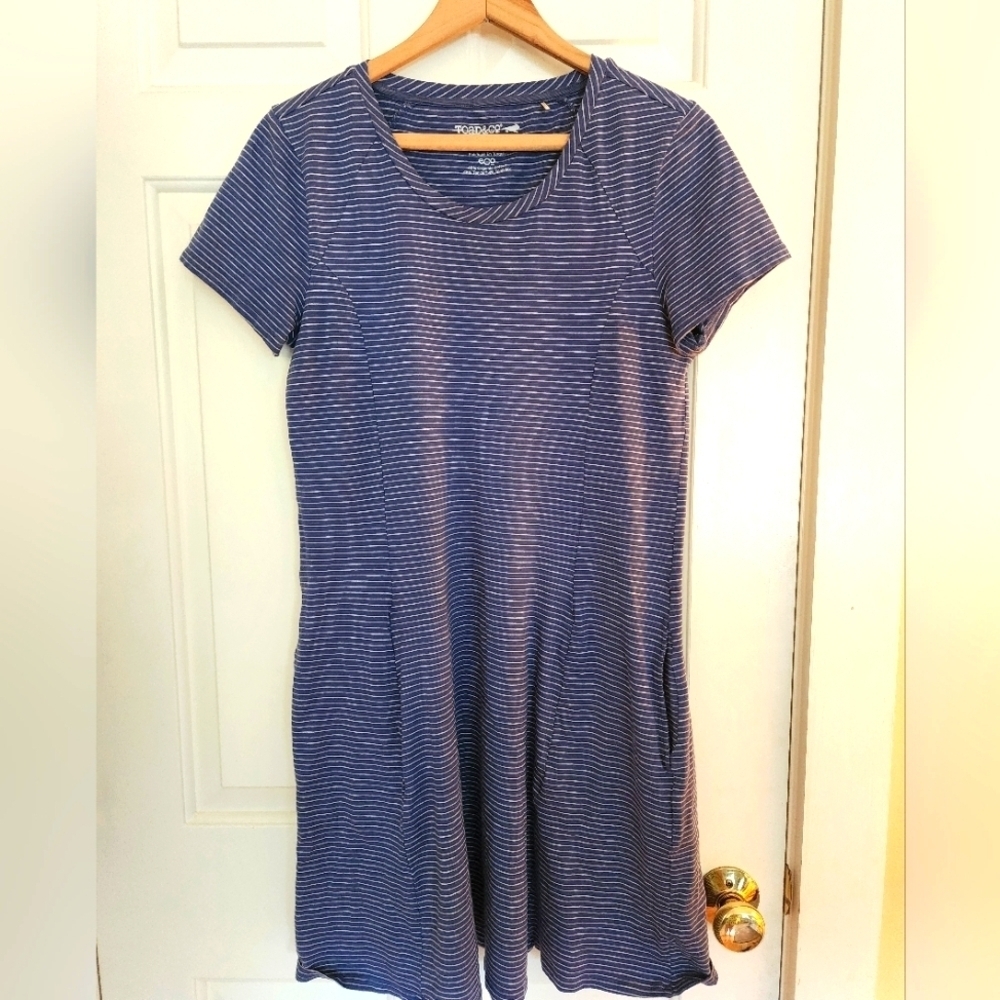 Toad&co Midi Dress Windmere Navy Stripe Organic Cotton Size M outdoors Hiking